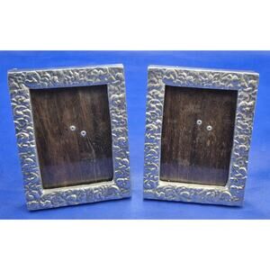Two Vtg Arte Giancarlo Honduras Pewter Photo Frames Curlicues Wood Back 7x5"